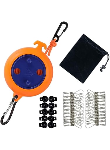 Camping Retractable Clothesline, Travel Clothesline, Outdoor Travel Portable Windproof and Non-slip Clothesline, Business Travel Hotel Indoor Retractable Clothesline with 20 Clips and Clasps, 10m (Ora