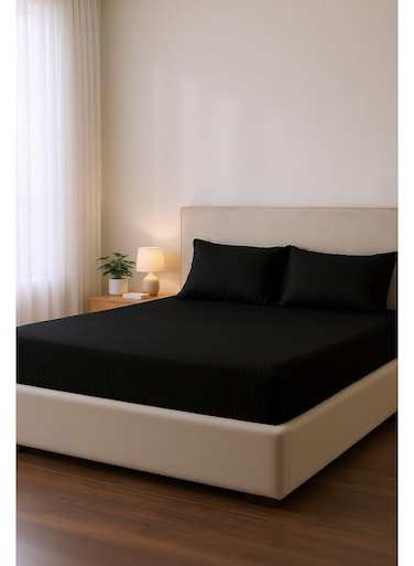 Cotton 3-Piece Microfiber King Fitted Sheet Set &acirc;&euro;&ldquo; Black Striped 180 x 200 cm with Full Elastic