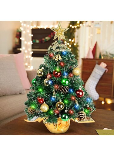 Jsofd Small Mini Table top Christmas MAS Tree with LED Lights, 50CM Little Prelit Holiday Tree Decorated Gift Boxes and Hanging Ornaments for DIY Festival Decoration