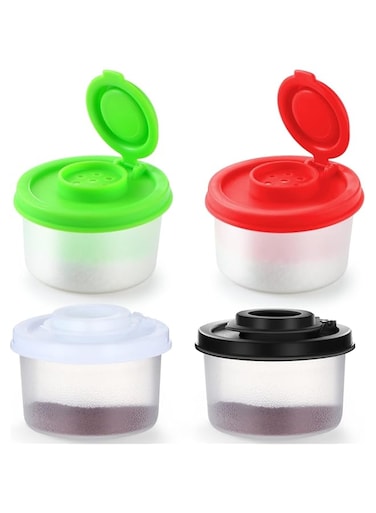 THE WHITE SHOP 4 Pcs Salt and Pepper Shakers Set Mini Plastic Pepper Shaker with Lid Damp Proof Popcorn Containers Clear Spice Jars Salt Shaker for Camping Picnic (Colorful, Small)