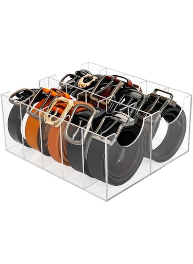 Cutora Belt Organizer, Acrylic Storage Holder for Closet and Drawer, 10 Compartments Container for Checkroom, Clear Divider Display Case