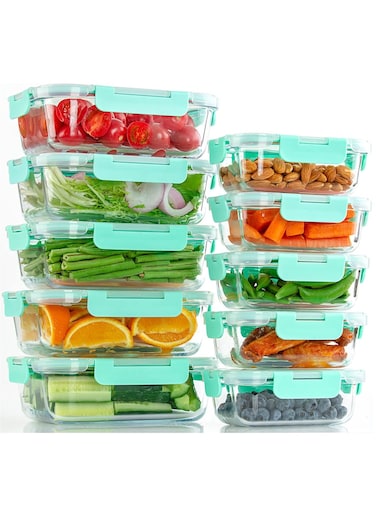 Glass Meal Prep Containers (10 pcs Rectangle) - Glass Food Storage Containers with Lids, Glass Lunch Box, Portion Control, Airtight, Glass Bento Box Lunch Containers- 10P Rectangle Light Blue