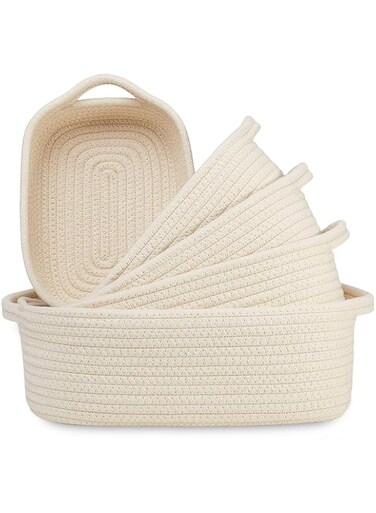 DAYONG 5 pieces Cutton Rope Woven Basket Baby Laundry Basket with Handle Storage Container For Clothes Blanket Toys Comforter Cushions Laundry Hamper（ off-white）