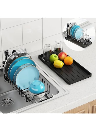 ALMEKAQUZ Sink Dish Drying Rack, Expandable Small Dish Rack Over Sink with Silicone Drying Tray, in Sink Dish Drainer for Kitchen Counter with Cutlery Holder, Drying Rack Fit for 14&rsquo;&rsquo;-19&rsquo;&rsquo; Kitchen