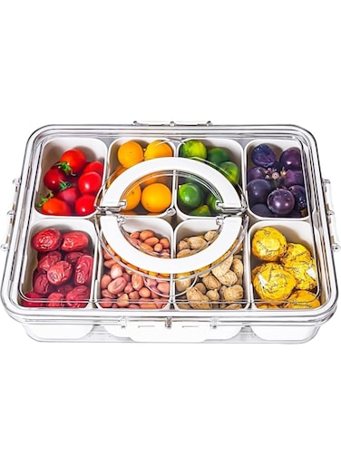 Snackle Box Container, Divided Serving Tray with Lid and Handle, Snack Box Charcuterie Container for Portable Snack Platters, Clear Organizer for Fruits Snacks, Perfect for Road Travel Picnic Party(B)