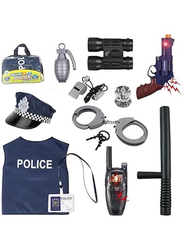 AMERTEER 13 PCS Cop Costume For Kids   Policeman Kids Costume   Police Costume For Kids With Police Badge, Handcuffs Kids Cop Toy Set   Great For HALLOWEEN Costume, Kids Dress Up, FBI, Detective, Swat