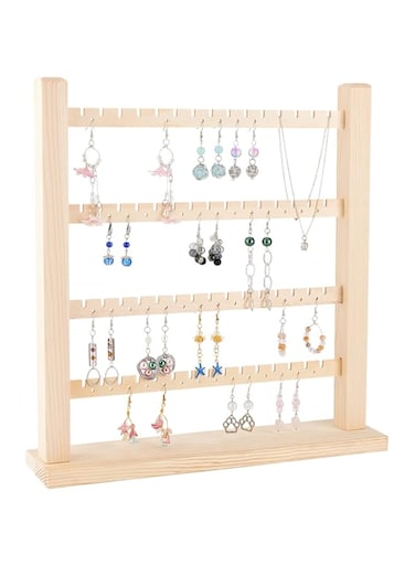 FINGERINSPIRE 4-Tier Wooden Earring Display Organizer Holder （60 Slots &amp; 56 Holes） Wheat Detachable Earring Display Stand Jewelry Display Rack Jewelry Tower for Long Earrings Ear Studs Storage