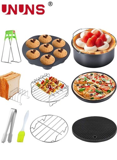 10 Pieces 8 Inch Air Fryer Accessories Combination Material Set Of 10 Air Fryer Accessories For Deep Air Fryer Oven,Include Cake,Rack Skewer,6 Cake Cups Black