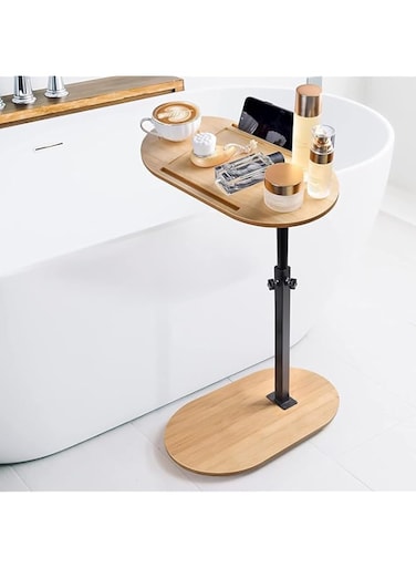 Forthcan Bamboo Bathtub Tray Table, Height Adjustable Bath Caddy Tray for Tub Against Wall, Bathtub Side Table for Luxury Bath Home Spa, Tub Organizer &amp; Holder for Wine, Book, Phone (Natural)