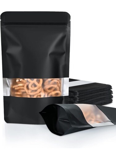 100 Pack Smell Proof Bags, Resealable Bags with Matte Window, Foil Pouch Stand Up Sealable Bags Food Storage,for Packaging (Black)