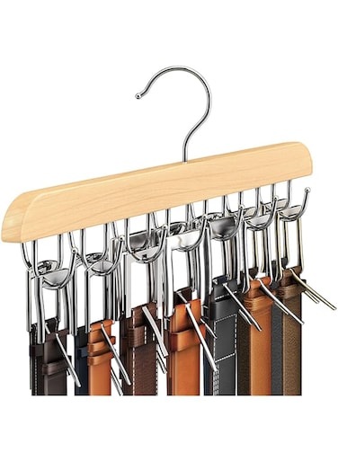 KASTWAVE Belt Hanger for Closet, Sturdy Wood Belt Rack Closet Accessories with 14 Hooks Belt Organizer for Closet Organizers and Storage Max 42 Belts-Wood 1 Pack