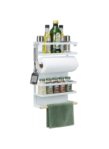 O9 O-Nine Magnet Spice Rack Organizer for Refrigerator, 4-Tier Magnetic Storage Shelf with Paper Towel Holders and 5 Hooks, Multi-purpose, White
