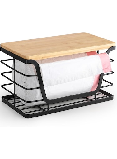 Grocery Bag Holder, Stainless Steel Trash Bag Holder with Bamboo Top, Black