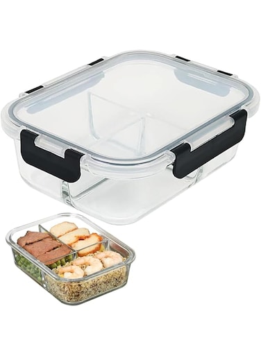 Tycom Glass Meal Prep Containers (1 pcs Rectangle) - Glass Food Storage Containers with Lids, Glass Lunch Box, Portion Control, Airtight, Glass Bento Box Lunch Containers- 3 Compartments Black