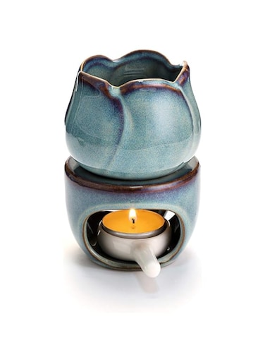 BSTKEY Ceramic Essential Oil Burner, Wax Melt Burner with Candle Spoon, Decorative Aroma Tea Light Holder, Oil Burner for Wax Melts, Flower Model (Blue)