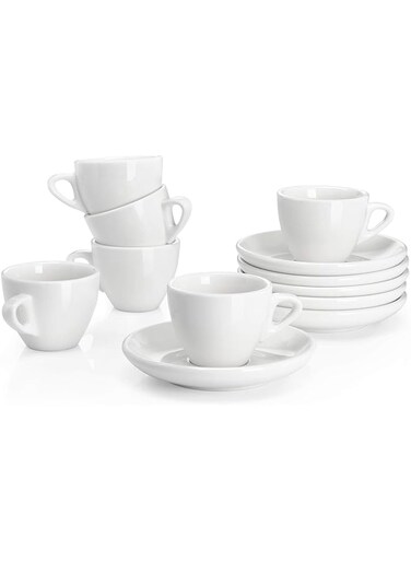 Sweese 4304 Porcelain Espresso Cups with Saucers - 2 Ounce - Set of 6, White