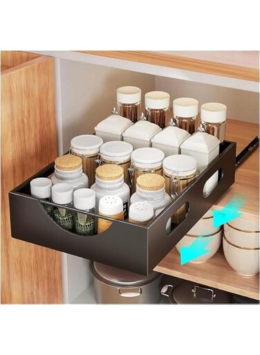 Pull Out Cabinet Organizer Fixed With Adhesive Nano Film,Heavy Duty Storage and Organizer Sliding Drawer Pantry Shelves,Pull Out Cabinet Organizer for Kitchen,Living Room,Bathroom,Home (Black)