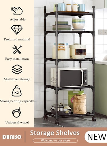 5 Tier Storage Shelves, Stable Kitchen Shelf Organizer, Storage Rack with Wheels, Removable Free Standing Rack with Hooks, Multipurpose Rack, Shelving Unit for Warehouse Basement Kitchen Living Room pantry