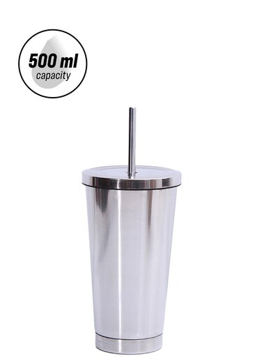 &amp; Cold Drink Vacuum Insulated Flask With Straw Silver 17.8x10cm