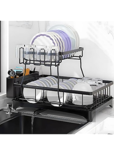 OUUTMEE 2 Tier Stainless Steel Dish Rack,Detachable Capacity Dish Drainer Organizer with Utensil Holder, Drain Board,with Baking Paint Protection Rustproof Kitchen Drainer 42 * 30.5 * 32cm（Black）