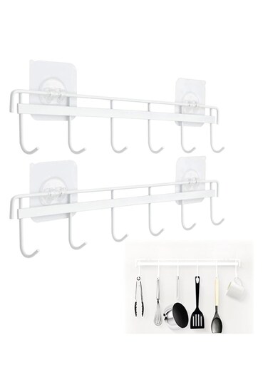 2 Pack Kitchen Utensil Hooks, Utensil Hangers with 6 Hooks Space Saving No Drilling Waterproof Wall Hook for Kitchen Bathroom Bedroom White