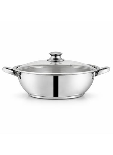 Mega Wok/Kadai, 22 cm (2 Ltr) Stainless Steel &acirc;&euro;&ldquo; Glass Lid with Steam Vent, Durable Handles, Sandwich Bottom for Even Heating, Sleek Modern Design for Efficient and Stylish Cooking