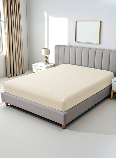 Linen Klub Twin Fitted Sheet - 1 Piece, Luxurious 100% Cotton Sateen with 250 Thread Count, Featuring Classic Stripe Design with Deep Pocket and Elastic Edges, Size: 100 x 200 + 30 cm, Cream