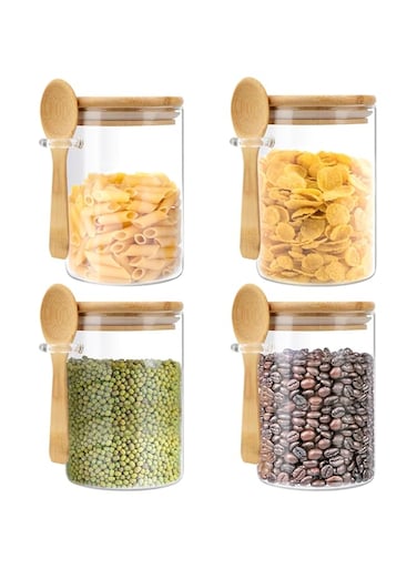 4 Pack Glass Jars with Airtight Bamboo Lids and Spoon,Glass Kitchen Canisters Clear Container for Food Storage of Goods, Cookie, Candy, Spices, Coffee Beans and More(21oz)