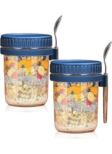 2-Pack Glass Storage Jars with Airtight Lids &amp; Spoon   Overnight Oats Jars,Container with Measurement Marks, Wide Mouth Portable Jars Breakfast Container for Salads, Yogurt, Cereal Milk, Oatmeal,&amp; More 300ml ( Dark Blue )
