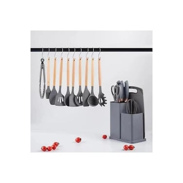 19pcs Grey silicone spatula set with holder&mdash;heat-resistant, BPA-free, safe for nonstick cookware.
