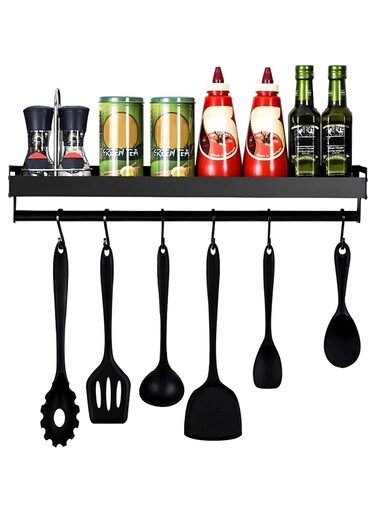 Kitchen Holder without Drilling with 6 Hooks, Kitchen Shelf Wall for Spices, Hook Rack, Kitchen Helper, Hanging Rack, Aluminium Spice Rack, Matt Finish, for Kitchen and Bathroom