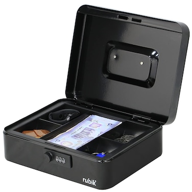 Rubik Large Cash Box with Tray and Combination Lock Portable Durable Register Money Box Safe for Bills Jewelry Receipts Coins (25x20x9cm) Black