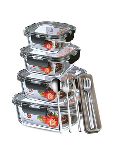 4 PCS Bento Glass lunch box with Cutlery set, Bento Lunch Box, Meal Prep Container with Locking Lids, Airtight Food Storage, lunch box for adults, Food Storage container, glass lunch box, Dishwasher