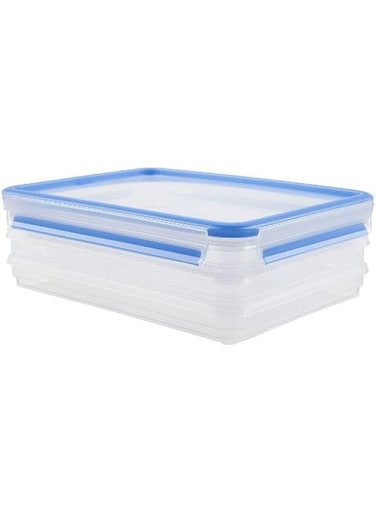 Emsa 508556 Clip &amp; Close Stacking Boxes, 26.5 X 19.4 X 9.6 cm, 3 X 1 Litre Transparent/Blue