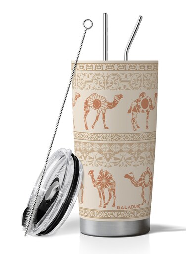 20oz Vacuum Insulated Travel Mug &acirc;&euro;&ldquo; Stainless Steel Coffee Tumbler with Straw, Leakproof &amp; Car Cup Holder Friendly, Keeps Drinks Cold &amp; Hot, Light Camel