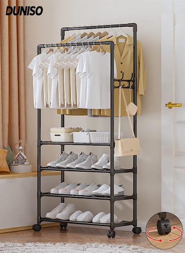 Double Rods Clothes Rack with Roller, Metal Garment Rack with Shoe rack and Hooks, Multipurpose Clothes Hanger Organizer,Suitable for Bedrooms, Balconies and Living room (Black)