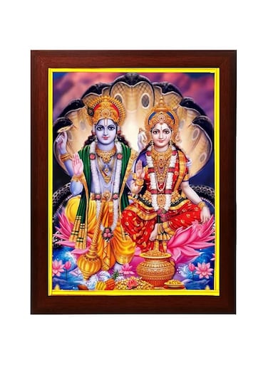 zig zag Lord Lakshmi Narayan / Lord Vishnu With Lakshmi Mata Photo Frame For wall / room Size Medium ( 9.5 x 13.5 inches, Acrylic Glass) Brown