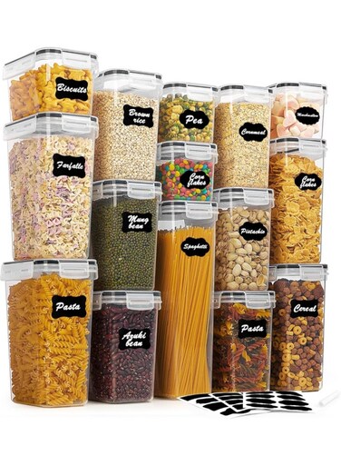 Care 15PCS Plastic Airtight Food Storage Container with Lids, Kitchen Storage &amp; Organization for Cereal, Spaghetti, Flour and Sugar, BPA Free, Includes 24 Labels Clear