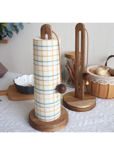 Wooden Kitchen Roll Holder Free Standing, Acacia Wood Paper Towel Holder Stand for Kitchen Counter, Non Slip Kitchen Towel Roll Holder Countertop, Farmhouse Kitchen Organizer Fits Most Size Paper Roll
