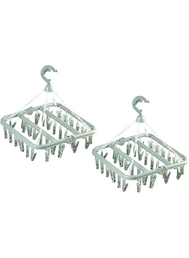 Bolivia's Clothes Drying Rack, 2 Pack Windproof Folding Portable Laundry Hanger, Plast Sock Hanger with 32 Clips and 360&deg; Rotatable Hook for Drying, Towels, Bras, Baby Clothes, Gloves
