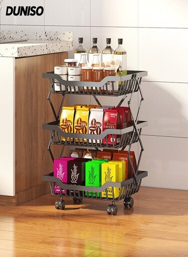 3-Tier Large Capacity Metal Wire Fruit And Vegetable Storage Basket with Wheels,Foldable Shelves Organizer For Kitchen &iuml;&frac14;&OElig;Basement and Pantry&iuml;&frac14;&OElig;No Assembly Required Storage Rack(Black)