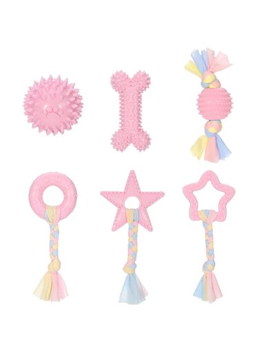 hugttt 6 Pcs Puppy Teething Toys Pink Dog Chew Toys Set Small Dogs Teeth Clean Toy with Cotton Rope for Puppies Pet Interactive Pet Toys for Small and Medium Dogs with Ball and Colorful Ropes Pink