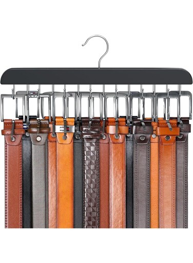 Hanger for Closet Max 42 Belts, Belt Organizer Closet Accessories with 14 Hooks Belt Rack Sturdy Wood for Closet Organizers and Storage -Black 1 Pack