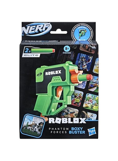 Nerf Roblox Phantom Forces: Boxy BUSter Dart Blaster, Pull-Down Priming Handle, 2 Nerf Elite Darts, Code To Unlock In-Game Virtual Item