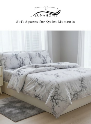 Home King Size 6 Pieces. 1 Duvet cover - 220*240cm, 1 Fitted sheet - 200*200cm+30cm, 4 Pillow cases - 50*75cm. Bedding Set Without Filling Black And White Marble Design Duvet Cover Set