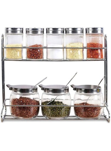 Rubik Spice Rack Condiment Glass Jar Seasoning Bottles Stainless Steel Rack Storage Organization for Kitchen (5+3pcs/set)