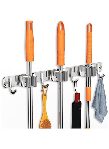 Pecbase Mop and Broom Holder Wall Mount, Wall Mount Stainless Steel Upgraded Broom Organizer for Home Kitchen Garden Laundry Garage, 3 Racks with 4 Hooks,Gray (157-01)