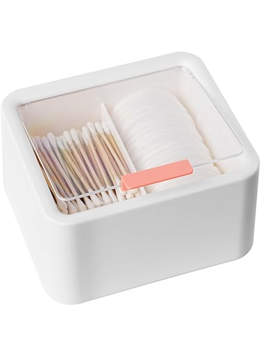 Oasisgalore Holder Cotton Swab Ball Plastic 2 Slot with Hinged Lid Bathroom Organizer Makeup Sponge Dispenser Cotton Pad Storage