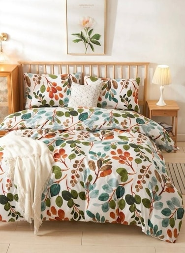 Home King Size Bedding Set Without Filler,Green Color Leaves Design
