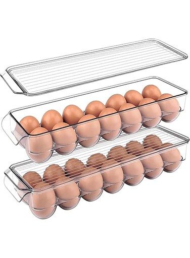 Egg Holder for Refrigerator with Lid, 2 Pack, 14 Egg Tray for Fridge with Cover, with Handle Stackable Reusable Refrigerator Egg Storage Container